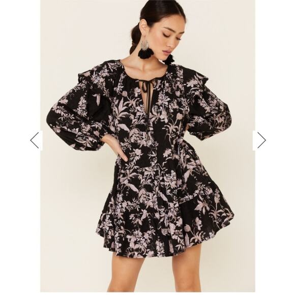 Free People NWT Sunbaked Ruffled Swing Tiered Mini Dress Washed Black Floral L - Picture 2 of 10